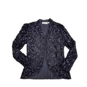 Vintage 1990’s Scala silk lined sequin & bead black collarless jacket sz medium